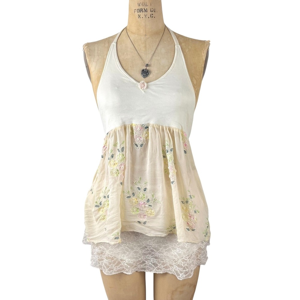 Coastal Womens S Halter Top Floral Embroidered Coquette Cottege Size Fairycore